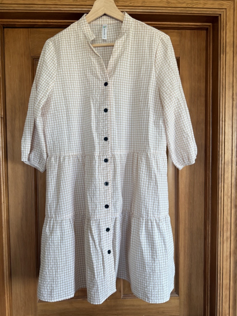 Cream Gingham Button-Front Midi Dress